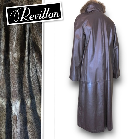 Revillon Saks 5th Avenue Brown Leather Lined By Racoon Fur Full Length Coat M-L - Picture 6 of 13